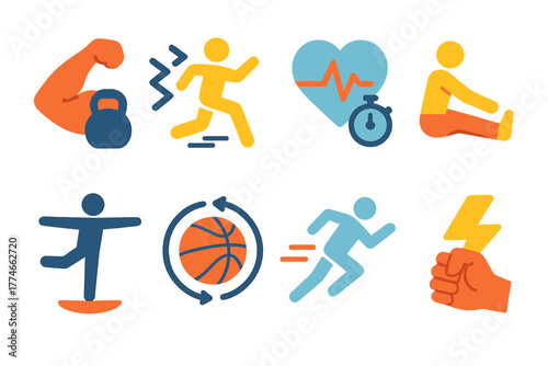 Fitness Icons Set. Cross-train performance icons set icons in flat icons: strength, agility, endurance, flexibility, balance, coordination, speed, power.