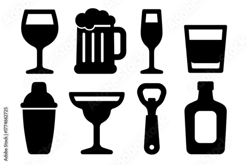 Brutalist Drink Icons. Alcoholic Beverages silhouette set: wine glass, beer mug, champagne flute, whiskey tumbler, cocktail shaker, margarita glass, bottle opener, rum bottle.
