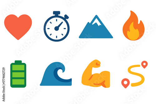 Iconic Nature and Endurance. Endurance performance symbols set icons in flat icons: heart, stopwatch, mountain, flame, battery, wave, muscle, path. , Evergreen nature icons set