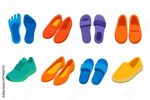 Minimalist Icons Collection. Minimalist footwear collection set icons in flat icons: barefoot shoes, slip-ons, sandals, loafers, knit sneakers, flats, slides, espadrilles. , Speed