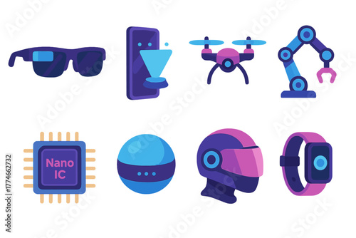 Futuristic Gadget Icons. Futuristic gadgets set icons in flat icons: smart glasses, hologram phone, drone, robotic arm, nanochip, AI assistant sphere, cyber helmet, digital