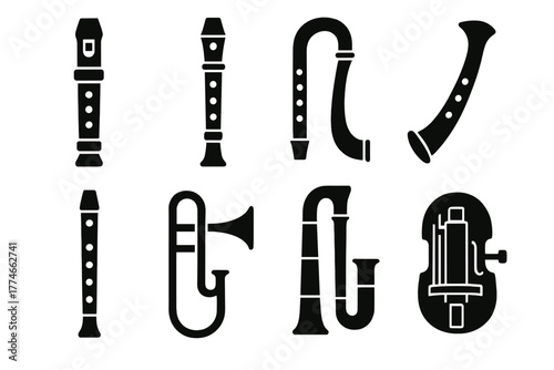Renaissance Instruments Icons. Renaissance wind instruments silhouette set: recorder, shawm, crumhorn, cornett, flute, sackbut, dulcian, hurdy-gurdy.