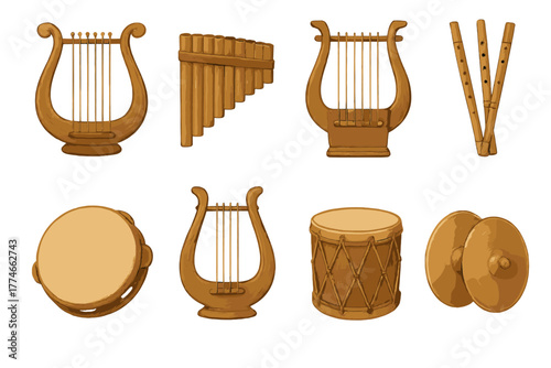 Ancient Greek Instruments. Ancient Greek music instruments: lyre, pan flute, kithara, aulos, tambourine, harp, drum, cymbals.