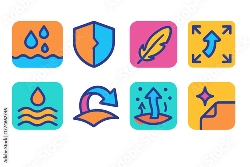 Synthetic Performance Icons. Synthetic performance icons set icons in flat icons: water resistant, durable, lightweight, stretchable, quick dry, flexible, breathable, easy clean.