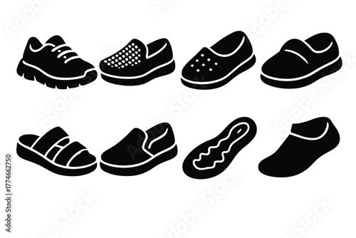 Bold Comfort Footwear Icons. Low-cut comfort wear silhouette set: cushioned sneakers, knit loafers, breathable flats, soft slippers, flexible sandals, slip-on shoes, foam insoles,