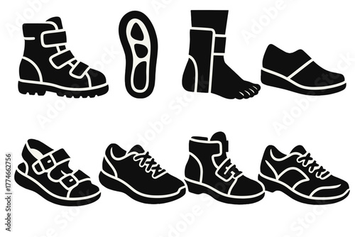 Orthopedic Gear Icons. Orthopedic heel gear silhouette set: corrective shoe, gel insert, ankle brace, wedge lift, supportive sandal, comfort sneaker, heel stabilizer, arch shoe.