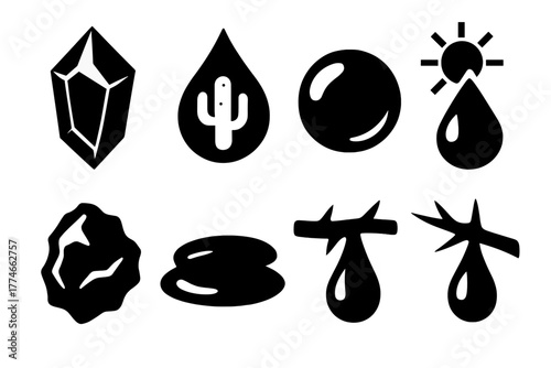 Desert Sap Icons. Desert sap set silhouette set: dry resin crystal, cactus sap drop, sticky translucent bead, resin under sun, hardened amber flake, small desert sap pool, sap on