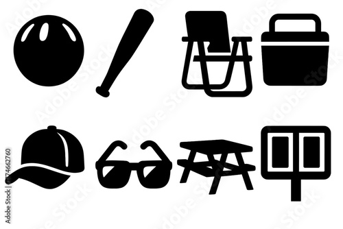 Wiffle Ball Icons. Wiffle ball recreation set silhouette set: wiffle ball, bat, lawn chair, cooler, picnic table, cap, sunglasses, scoreboard.