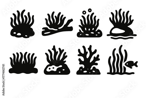 Underwater Moss Icons. Aquatic moss set silhouette set: underwater moss clump, moss on driftwood, moss with bubbles, moss on river rock, freshwater moss mat, moss on coral fragment