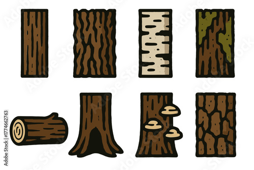 Forest Trunk Icons. Forest trunk set silhouette set: straight pine trunk, rough oak bark, birch trunk with white bark, moss-covered trunk, fallen tree trunk, hollow tree base,
