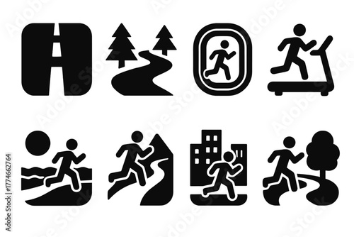 Terrain Icons Set. Running terrain types silhouette set: road, trail, track, treadmill, beach, mountain path, city route, park path.