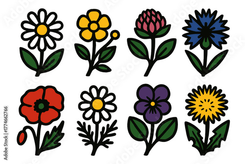 Brutalist Wildflower Icons. Meadow wildflowers set silhouette set: daisy, buttercup, red clover, cornflower, wild poppy, chamomile, violet, dandelion.