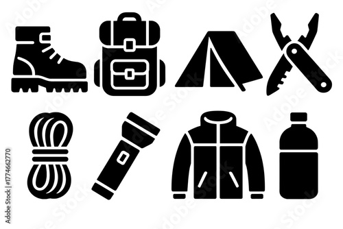 Brutalist Outdoor Gear Icons. Durable outdoor gear silhouette set: hiking boots, backpack, tent, multitool, rope, flashlight, jacket, water bottle.