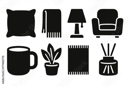 Brutalist Home Essentials Icons. Home comfort essentials silhouette set: cushion, throw blanket, lamp, armchair, mug, plant, rug, diffuser.