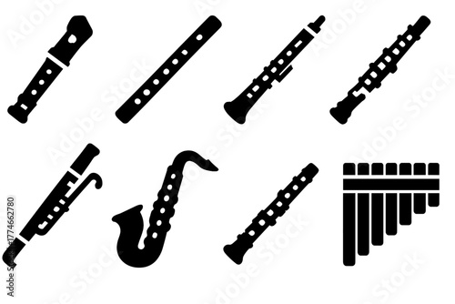 Woodwind Instrument Icons. Woodwind family set silhouette set: recorder, flute, clarinet, oboe, bassoon, saxophone, piccolo, pan flute.