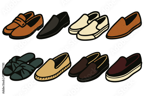 Brutalist Slip-On Icons. Slip-on fashion collection silhouette set: suede loafers, leather mules, canvas shoes, knit flats, satin slides, espadrilles, velvet slippers, platform