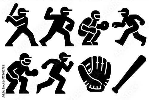 Bold Baseball Icons. Baseball action icons silhouette set: batter, pitcher, catcher, fielder, umpire, base runner, glove, bat.