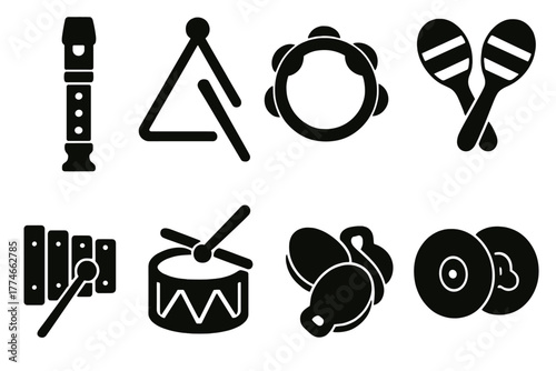 Bold School Instruments. School music instruments silhouette set: recorder, triangle, tambourine, maracas, xylophone, drum, castanets, cymbals.