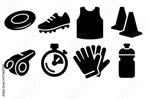 Ultimate Frisbee Gear Icons. Ultimate Frisbee equipment set silhouette set: flying disc, cleats, jersey, cones, whistle, stopwatch, gloves, water bottle.
