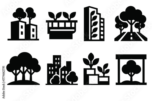 Urban Greenery Icons. Urban canopy set silhouette set: rooftop trees, balcony greenery, vertical garden, tree-lined street canopy, park tree cover, city skyline with trees, terrace