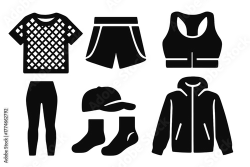 Bold Athletic Icons. Breathable clothing set silhouette set: mesh t-shirt, running shorts, sports bra, lightweight jacket, leggings, cap, socks, sneakers.