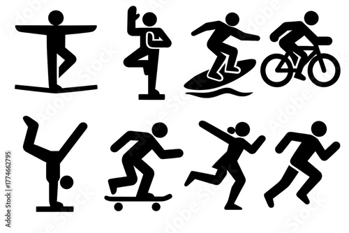 Dynamic Stability Icons. Stability in motion silhouette set: tightrope, yoga pose, surfer, cyclist, gymnast, skater, dancer, runner.