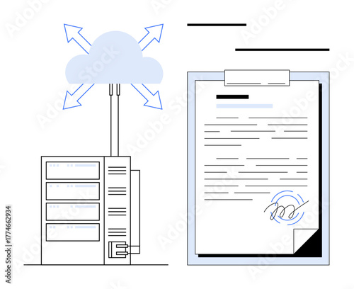 Cloud connected to server transmits data with arrows beside signed clipboard document. Ideal for data storage, cloud computing, digital agreements, remote access, e-signature, technology, business