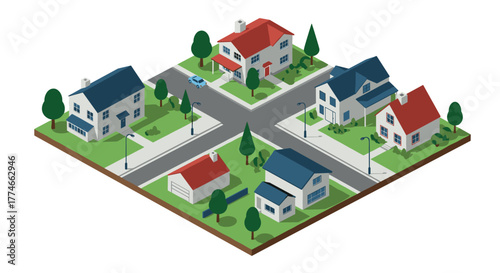 Charming suburban neighborhood with isometric houses, streets, and trees