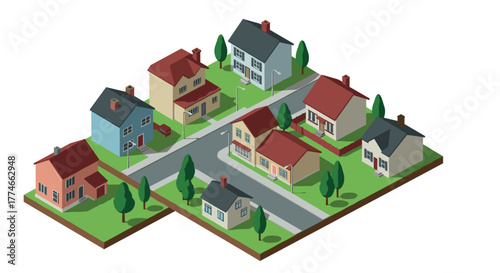 Isometric neighborhood with houses and greenery on a sunny day