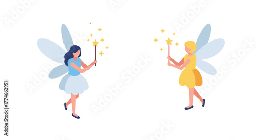 Colorful fairies with magic wands in isometric style on white background