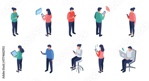 Diverse people engaged with technology in isometric style