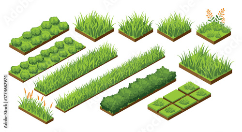 Isometric grass and bush elements for landscaping design