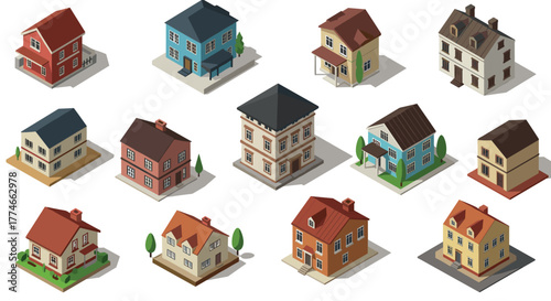 Charming isometric houses collection with various architectural styles and colors for urban design