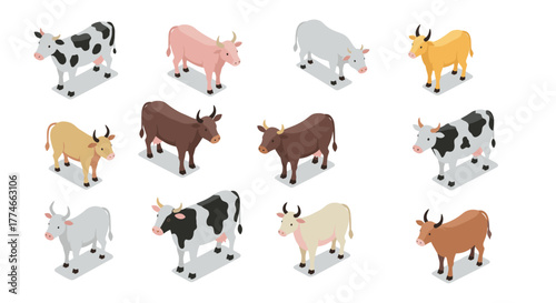 Isometric cartoon cows: diverse breeds in playful 3d style