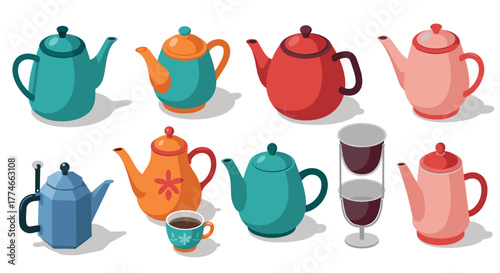Colorful isometric teapots and coffee cups collection for home decor