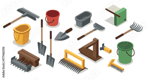Isometric gardening tools set featuring colorful buckets and variety of hand tools