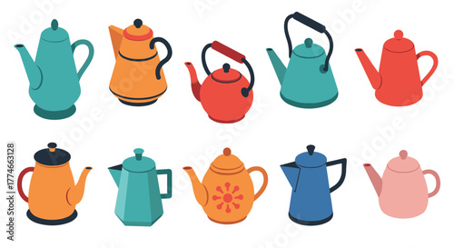 Colorful isometric teapots collection: vintage and modern designs