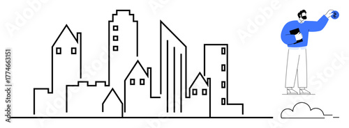 Person holding globe and tablet near outlined cityscape, suggesting ideas thumbs up urban planning, sustainability, innovation, and progress. Ideal for technology, growth, strategy, global vision