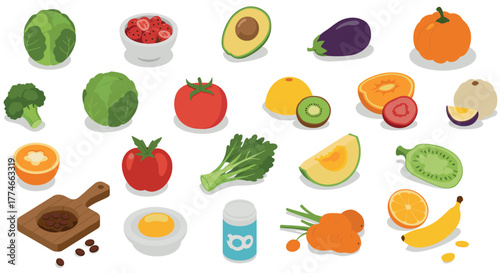 Assorted fresh fruits and vegetables in isometric style