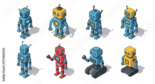 Colorful isometric robots with human-like features in various poses