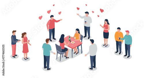 Isometric people socializing at a dinner party with heart icons