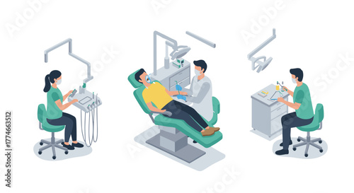 Isometric dental clinic scene with dentist and patient in a modern treatment room