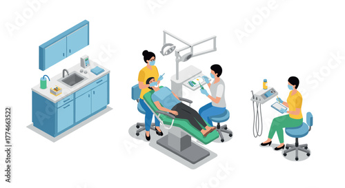 Isometric dental clinic scene with professionals and patient in treatment