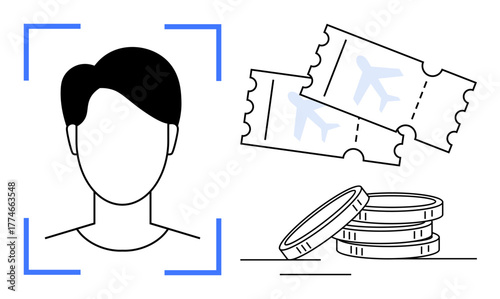 Facial recognition frame around a head silhouette, airplane tickets, and stack of coins. Ideal for travel security, biometric tech, identity verification, ticketing systems, digital payment