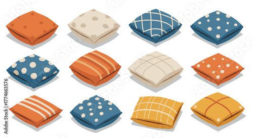 Colorful patterned cushions collection on white background for interior design