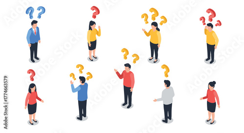 Diverse group of isometric people discussing with question marks