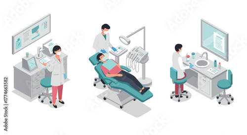 Isometric dental clinic scene with patients and dentists in action