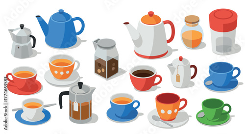 Isometric coffee and tea set featuring colorful cups, pots, and accessories