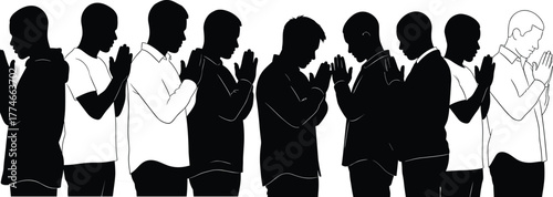 PrintPrayer silhouette group, male figures in meditation, spiritual unity pose, black profile icons, religious gesture, contemplative posture, solemn illustration