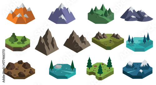 Isometric low poly geometric landscape: mountains, forests, and lakes